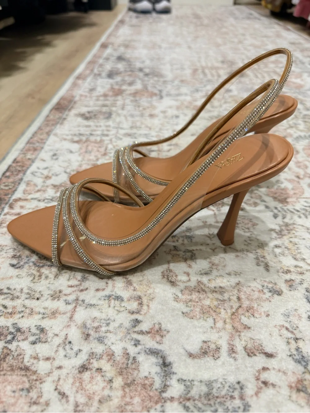 Zara Tan Pointed Slingback Heels with Crystal-Trim Straps